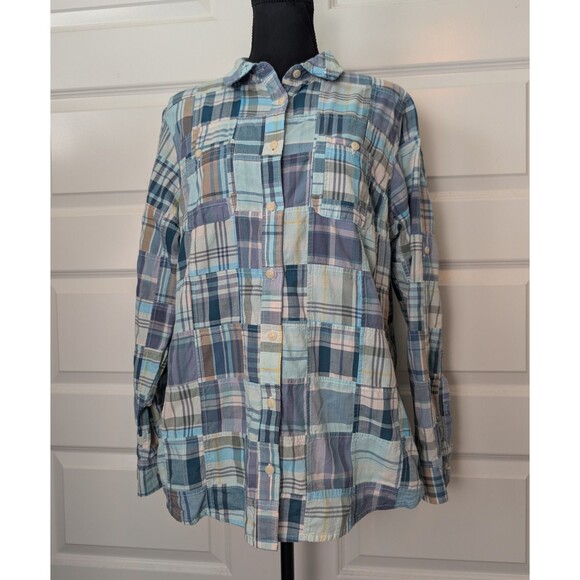 LL Bean Size L Patchwork Madras Plaid Button Down Blouse Cotton Boho Preppy - Picture 2 of 14